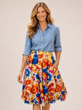 Liz Claiborne Floral Pleated Linen Skirt with Pockets A-Line Midi Size 10
